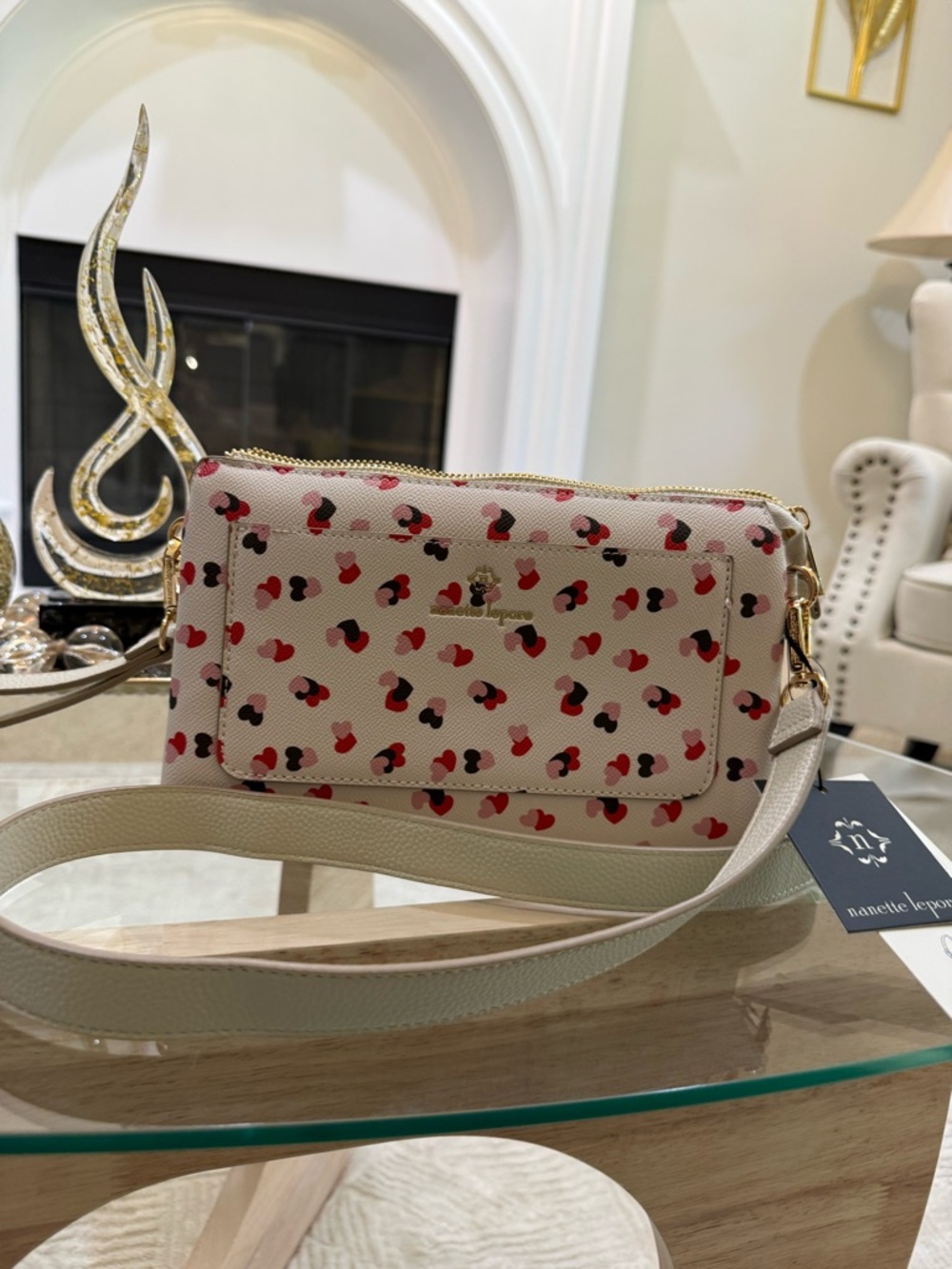 Nanette Lepore Cream Heart-Print Crossbody with Red Pink Black Hearts - Picture 6 of 11
